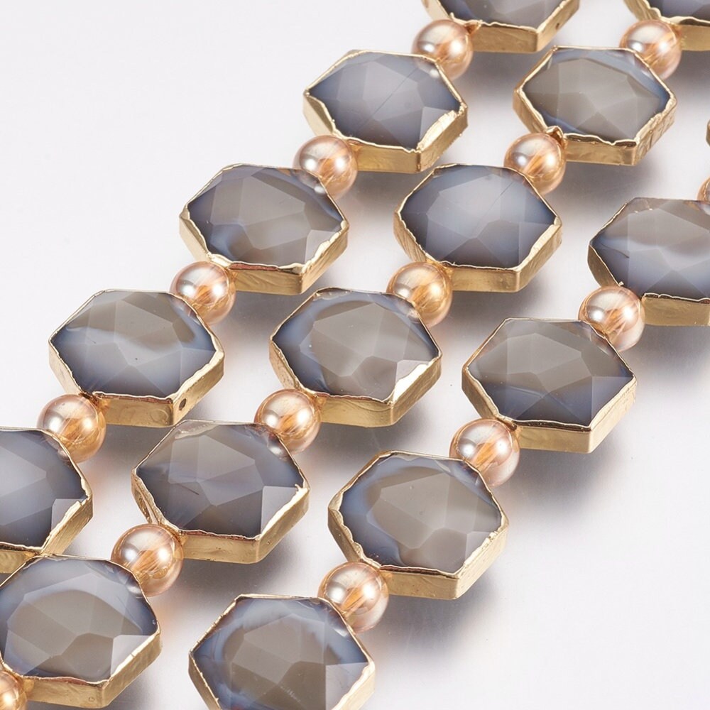 Slate Gold-Dipped Hexagon Glass Beads
