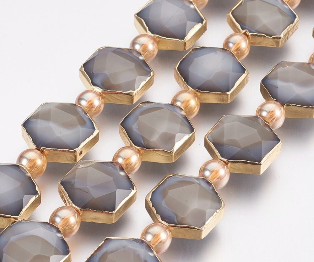 Slate Gold-Dipped Hexagon Glass Beads